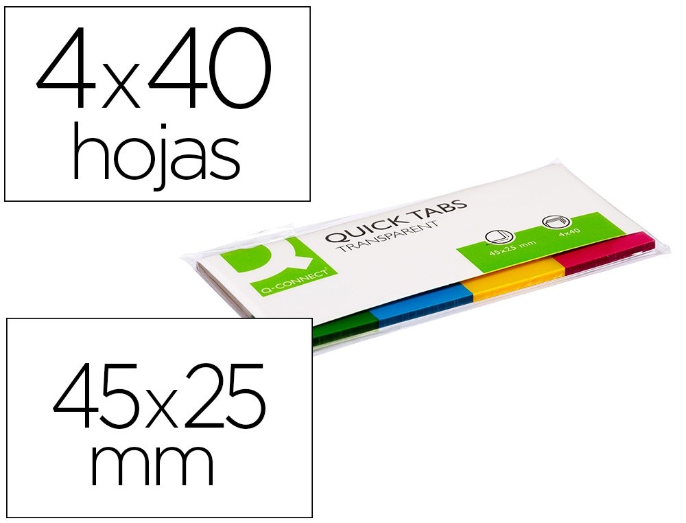 banderitas separadoras q connect 25x45 mm transparentes y color pack de 4 con 40 hojas