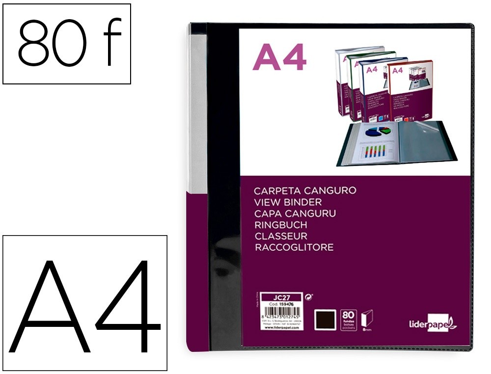 carpeta liderpapel 80 fundas canguro pp din a4 negro opaco portada y lomo personalizable