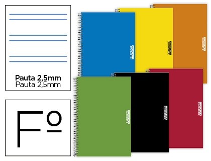 cuaderno espiral papercop folio tapa extradura 80 hojas pauta 5 2 5 mm con margen 70 gr colores surtidos pack indivisible 6 uds