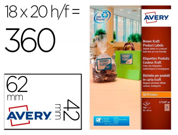 etiqueta adhesiva avery kraft efecto carton rectangular 62x42 mm removible para laser ink jet