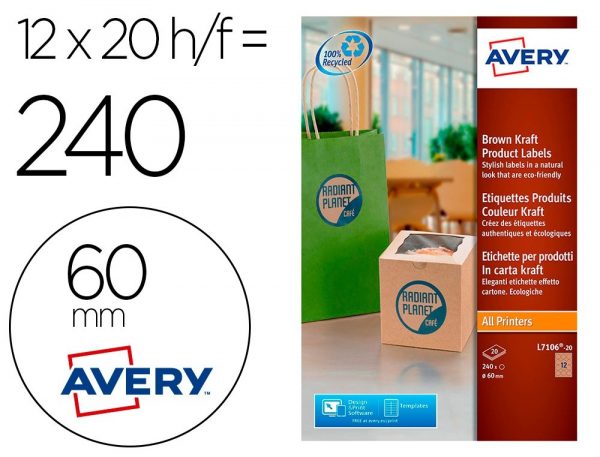 etiqueta adhesiva avery kraft efecto carton redonda 60 mm removible para laser ink jet