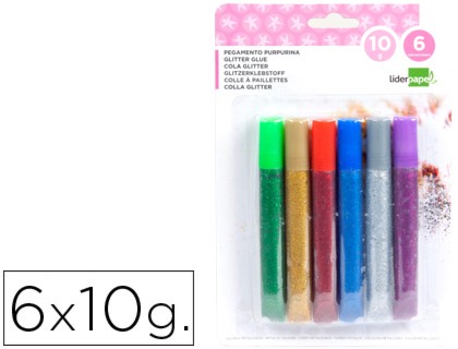 purpurina pegamento liderpapel fantasia colores metalicos blister de 6 unidades de 10 gr