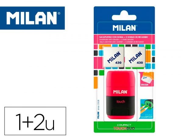 sacapuntas milan compact touch duo plastico 2 usos con goma 2 recambios de goma en blister